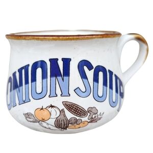 Vintage 1970s Stoneware Onion Soup Mug with Blue Accents